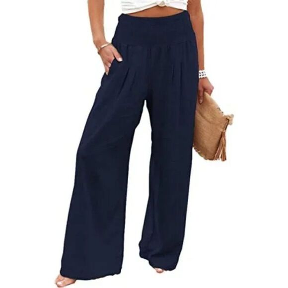 New Palazzo Pants For Women Wide Leg Comfy Flowy Pants, Navy Blue - Picture 1 of 5